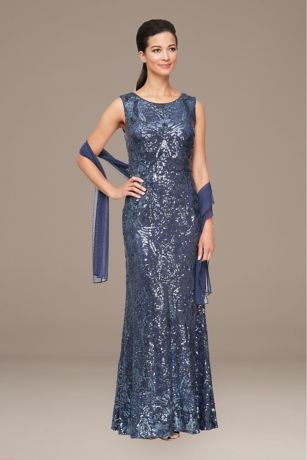 Fit-and-Flare Sequin Dress with Shawl ...